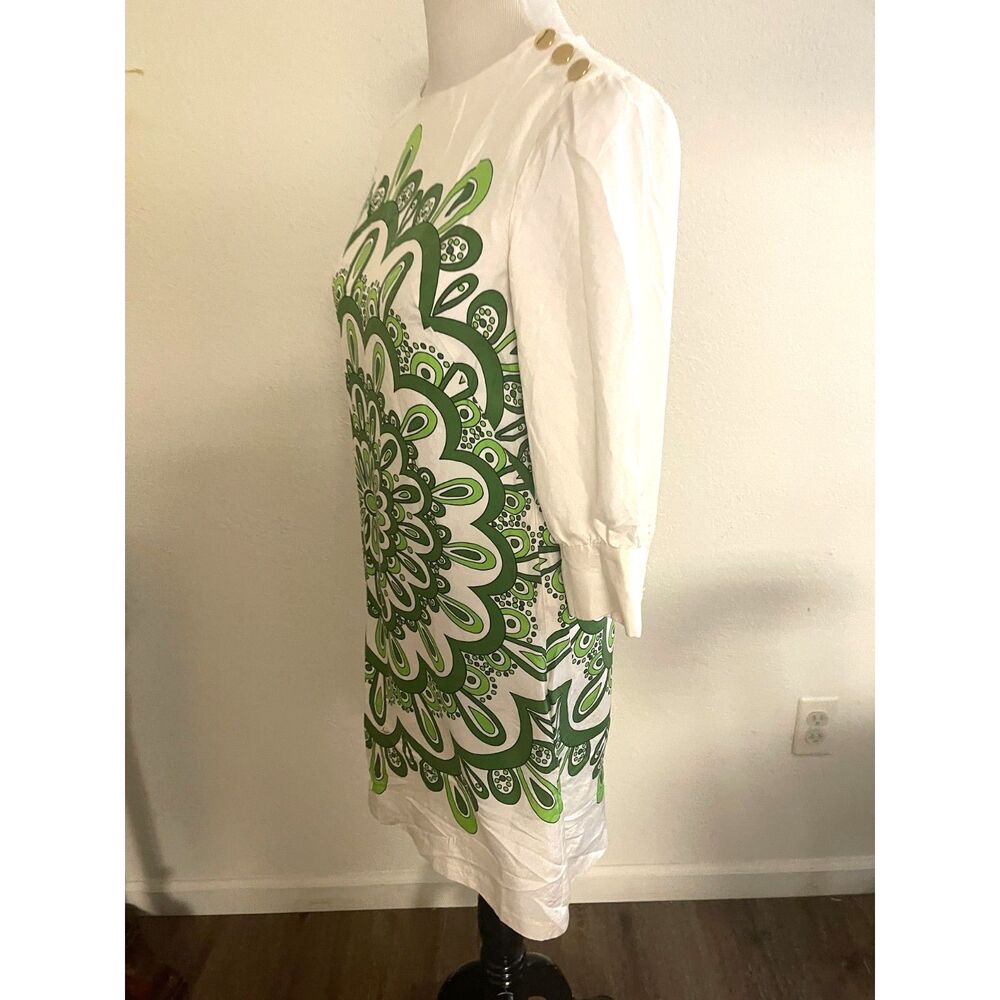 Vintage 90s MILLY Silk Dress Womens Size 6 Green White Mandala Graphic Lined Mod - Picture 2 of 8